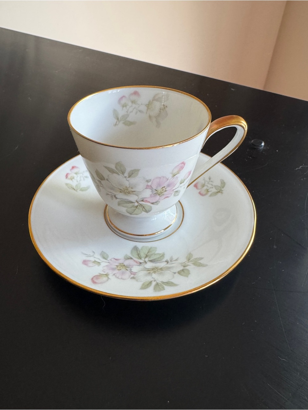 Vintage Tirschenreuth Bavaria Footed Cup & Saucer - Pink & White Apple Blossoms